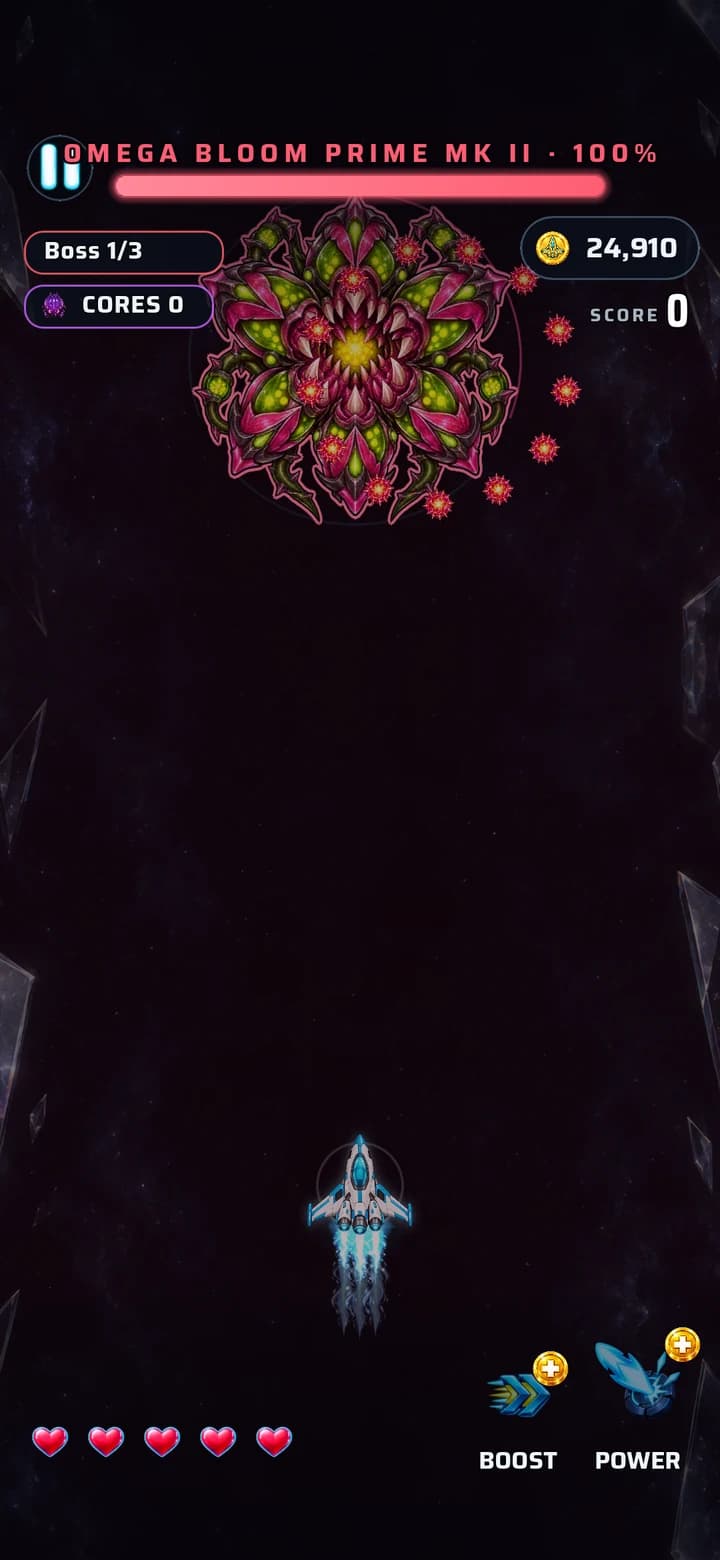 Boss fight: Omega Bloom Prime Mk II fires an orb spread.
