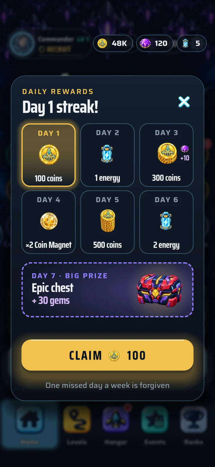 Daily rewards: Log in every day for a streak.