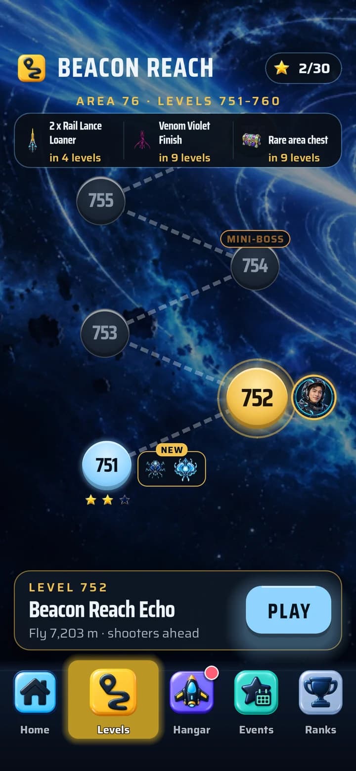 Levels map: Area 76, Beacon Reach: levels 751–760.