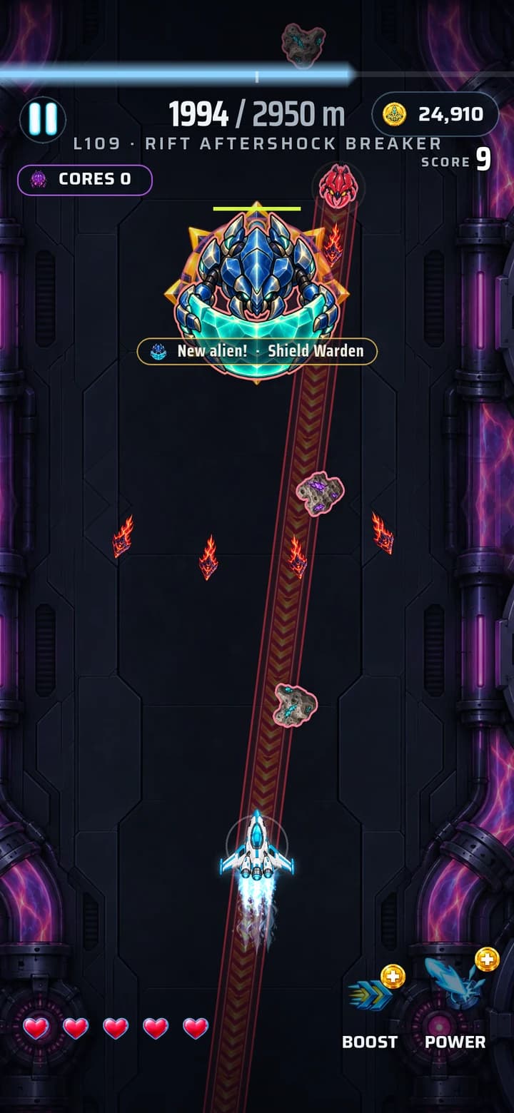 Mini-boss: Level 109: a Shield Warden blocks the lane.