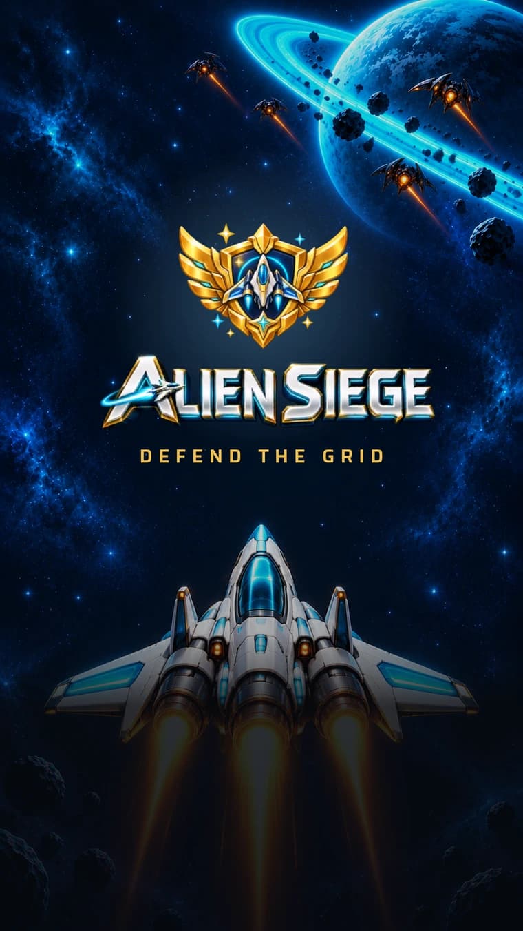 The Alien Siege launch screen: the logo, Defend the Grid, and the Balanced Ship